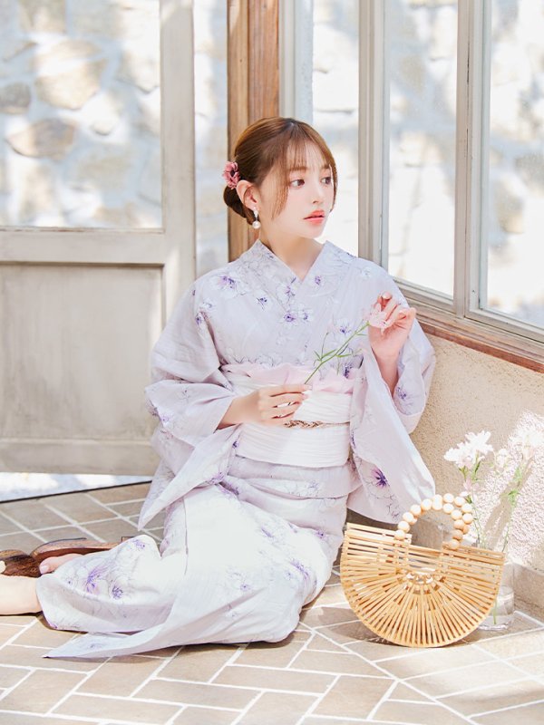 画像9: 【浴衣セール！】【即日発送】可憐なパープルxホワイト牡丹浴衣【浴衣３点セット 浴衣/帯/下駄】[YMT] (9)