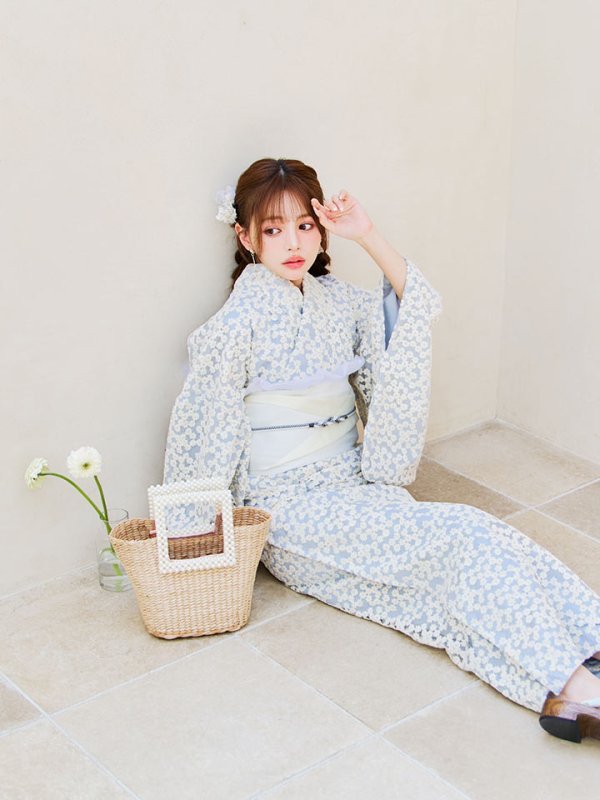 画像10: 【浴衣セール！】【即日発送】【浴衣】くすみブルー地x小花レース浴衣 【浴衣３点セット 浴衣/帯/下駄】[OF04] (10)