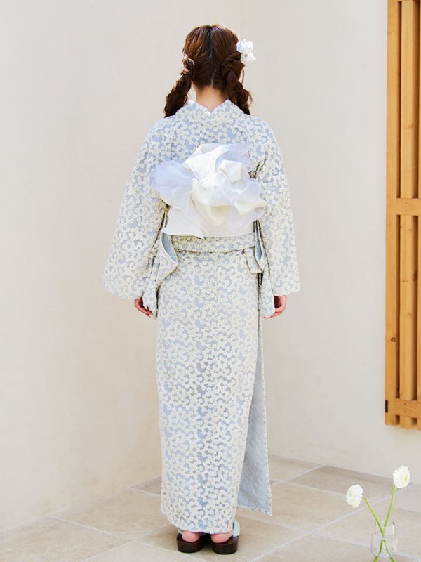 画像15: 【浴衣セール！】【即日発送】【浴衣】くすみブルー地x小花レース浴衣 【浴衣３点セット 浴衣/帯/下駄】[OF04] (15)