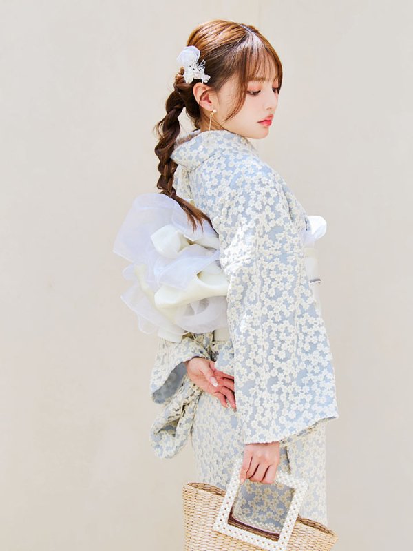 画像5: 【浴衣セール！】【即日発送】【浴衣】くすみブルー地x小花レース浴衣 【浴衣３点セット 浴衣/帯/下駄】[OF04] (5)