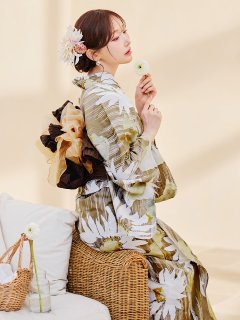 大人グリーンベージュフラワー浴衣