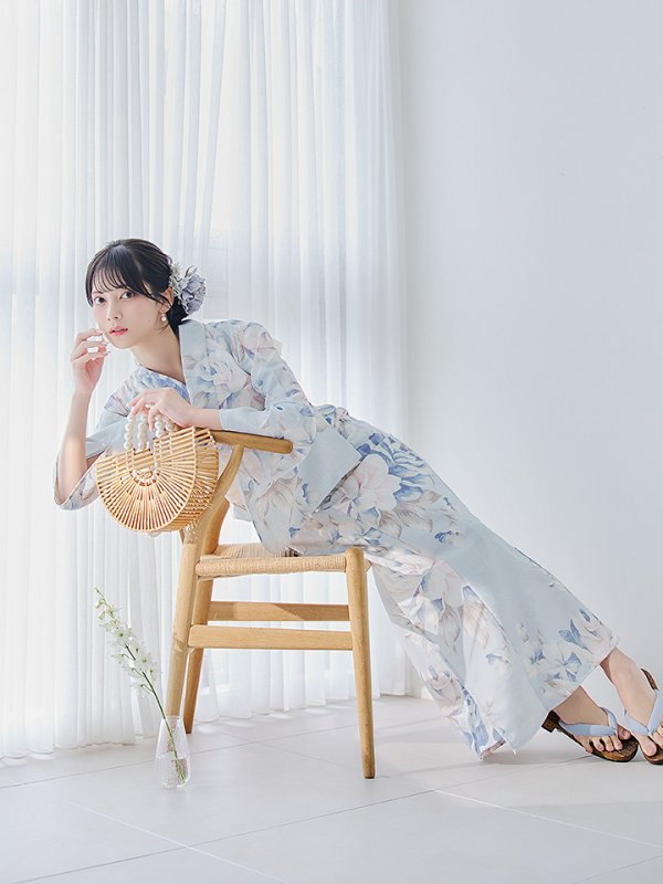 画像13: 【即日発送】クラシカルローズブルー浴衣  【浴衣３点セット 浴衣/帯/下駄】[YMT] (13)