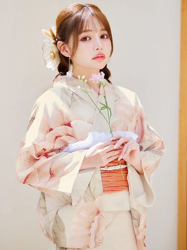 画像2: 【即日発送】ピンクベージュ牡丹浴衣【浴衣３点セット 浴衣/帯/下駄】[YMT] (2)