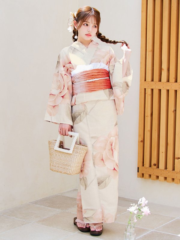 画像3: 【即日発送】ピンクベージュ牡丹浴衣【浴衣３点セット 浴衣/帯/下駄】[YMT] (3)
