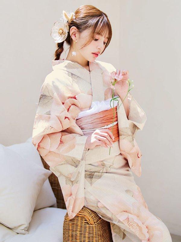 画像14: 【即日発送】ピンクベージュ牡丹浴衣【浴衣３点セット 浴衣/帯/下駄】[YMT] (14)