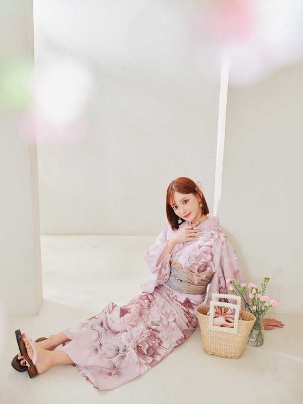 画像11: 【即日発送】くすみピンクアンティークフラワー浴衣  【浴衣３点セット 浴衣/帯/下駄】[OF04] (11)