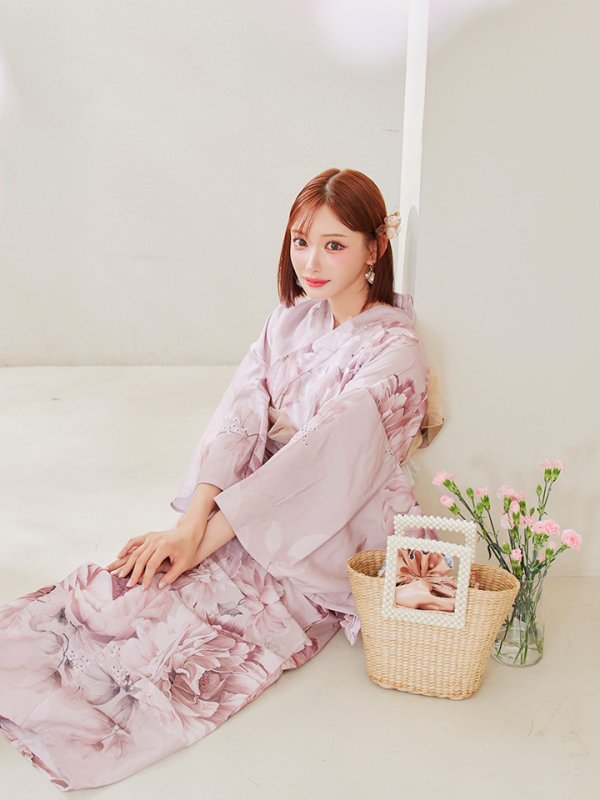 画像13: 【即日発送】くすみピンクアンティークフラワー浴衣  【浴衣３点セット 浴衣/帯/下駄】[OF04] (13)