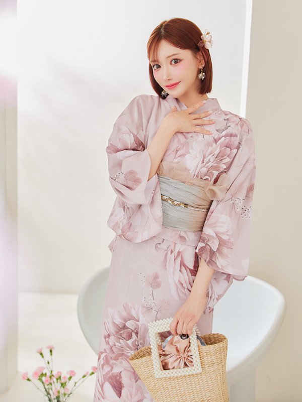 画像14: 【即日発送】くすみピンクアンティークフラワー浴衣  【浴衣３点セット 浴衣/帯/下駄】[OF04] (14)