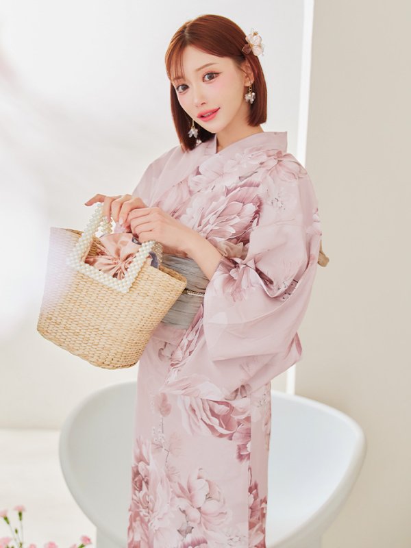 画像2: 【即日発送】くすみピンクアンティークフラワー浴衣  【浴衣３点セット 浴衣/帯/下駄】[OF04] (2)