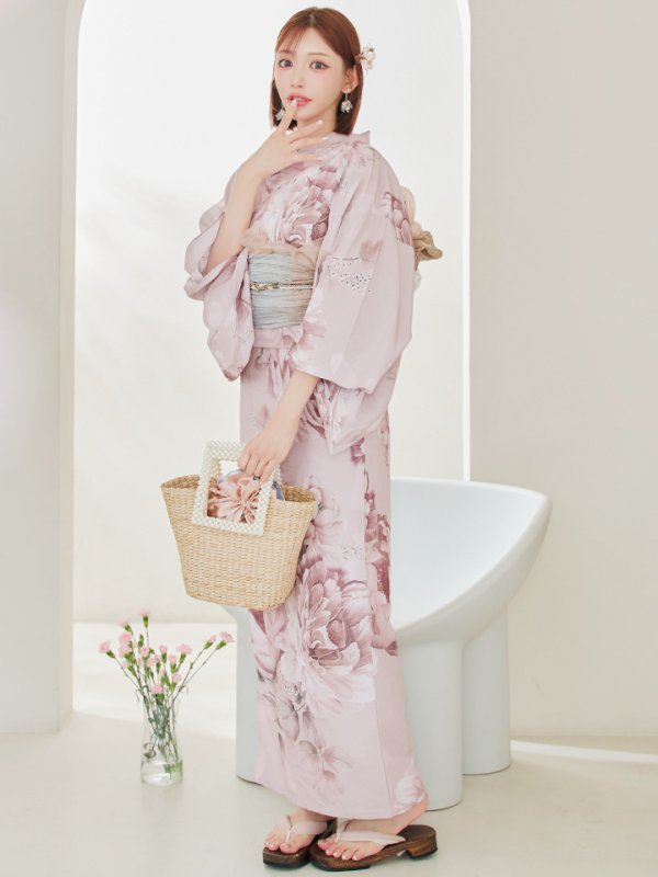画像4: 【即日発送】くすみピンクアンティークフラワー浴衣  【浴衣３点セット 浴衣/帯/下駄】[OF04] (4)
