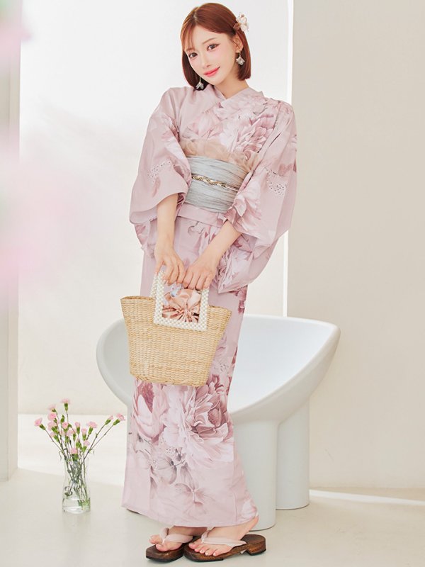 画像9: 【即日発送】くすみピンクアンティークフラワー浴衣  【浴衣３点セット 浴衣/帯/下駄】[OF04] (9)