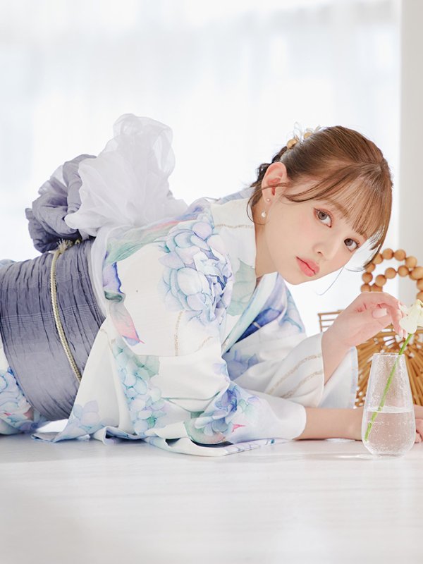 画像8: 【即日発送】シャーベット水彩紫陽花浴衣【浴衣３点セット 浴衣/帯/下駄】[OF04] (8)