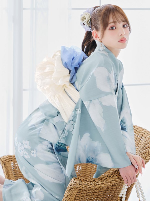 画像12: 【即日発送】ブルーホワイトフラワー柄浴衣  【浴衣３点セット 浴衣/帯/下駄】[YMT] (12)