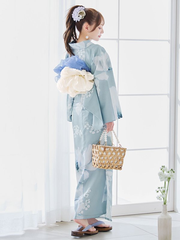 画像3: 【即日発送】ブルーホワイトフラワー柄浴衣  【浴衣３点セット 浴衣/帯/下駄】[YMT] (3)