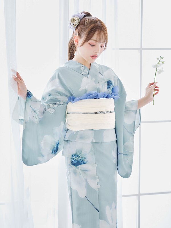 画像7: 【即日発送】ブルーホワイトフラワー柄浴衣  【浴衣３点セット 浴衣/帯/下駄】[YMT] (7)