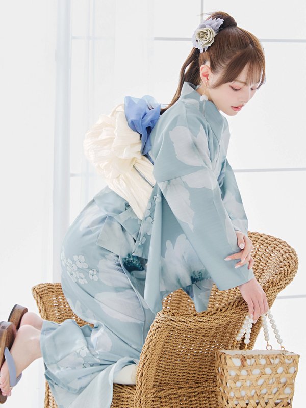 画像8: 【即日発送】ブルーホワイトフラワー柄浴衣  【浴衣３点セット 浴衣/帯/下駄】[YMT] (8)