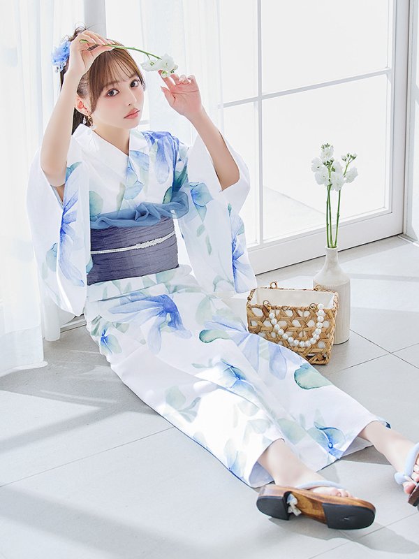 画像12: 【即日発送】水彩ガーベラ柄浴衣  【浴衣３点セット 浴衣/帯/下駄】[YMT] (12)