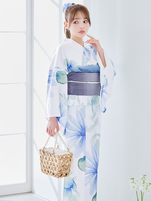 画像2: 【即日発送】水彩ガーベラ柄浴衣  【浴衣３点セット 浴衣/帯/下駄】[YMT] (2)