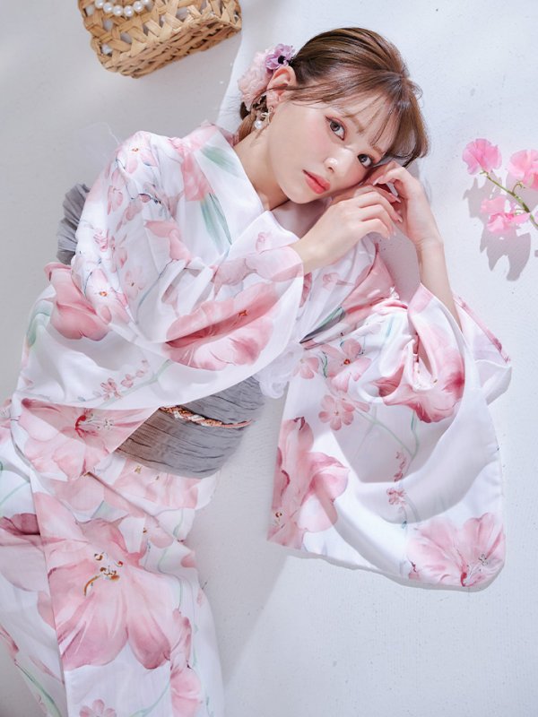 画像1: ニュアンスピンク水彩朝顔浴衣 【浴衣3点セット 浴衣/帯/下駄】 OBI-g-500-kj-7-GYGE / HIMO-900-yn-8-P / HEKO-800-sb-5-W / YA-924-cm-PBE / YA-943-kj-PL / GETA-01-kj-7-P / [YMT] (1)