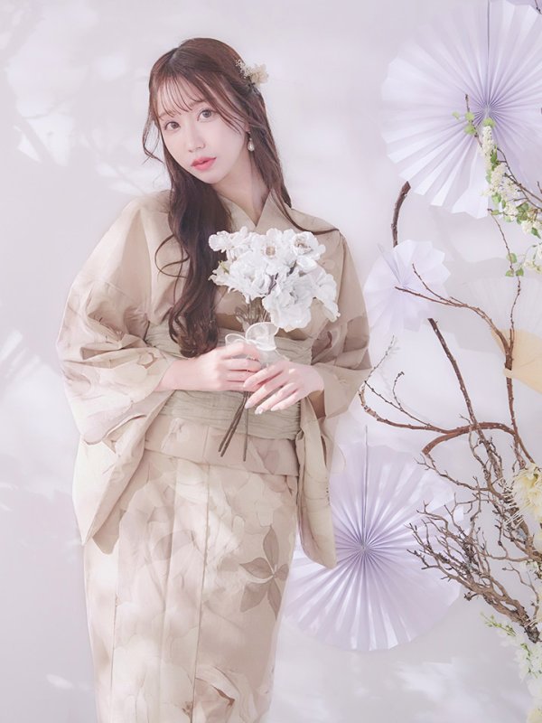 画像2: 【即日発送】ベージュフラワー浴衣【浴衣３点セット 浴衣/帯/下駄】[OF04] (2)