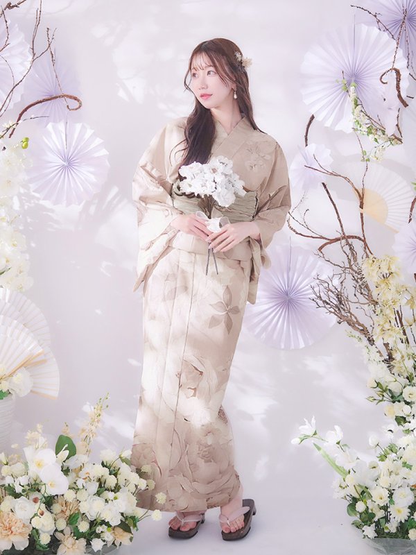 画像3: 【即日発送】ベージュフラワー浴衣【浴衣３点セット 浴衣/帯/下駄】[OF04] (3)