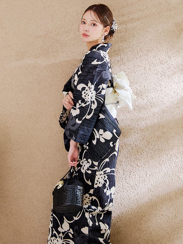 画像10: 【即日発送】黒地ストライプ彼岸花浴衣 【浴衣３点セット 浴衣/帯/下駄】 [OF04] (10)