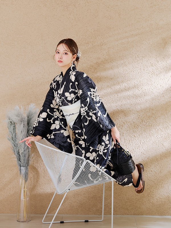 画像13: 【即日発送】黒地ストライプ彼岸花浴衣 【浴衣３点セット 浴衣/帯/下駄】 [OF04] (13)