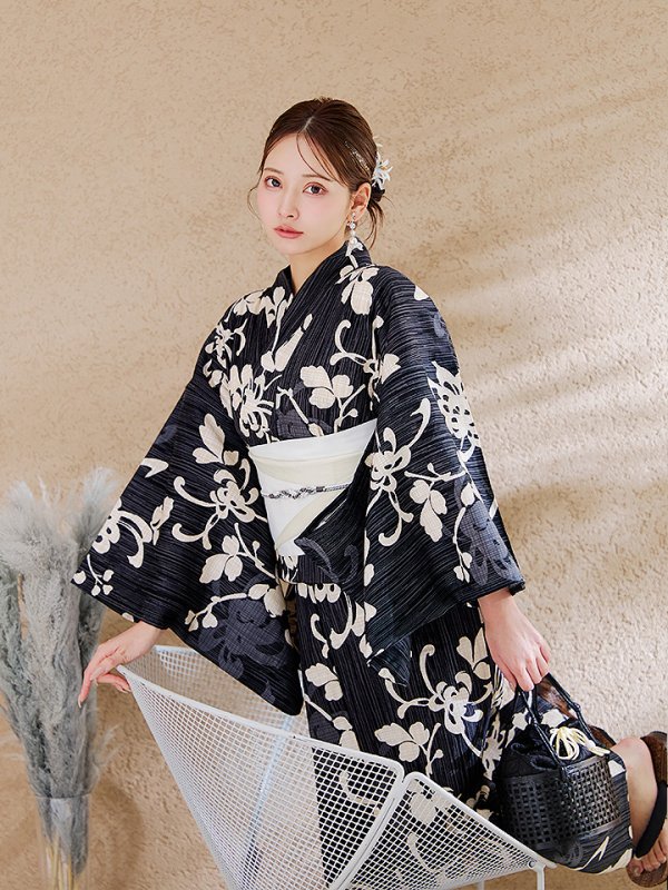 画像16: 【即日発送】黒地ストライプ彼岸花浴衣 【浴衣３点セット 浴衣/帯/下駄】 [OF04] (16)