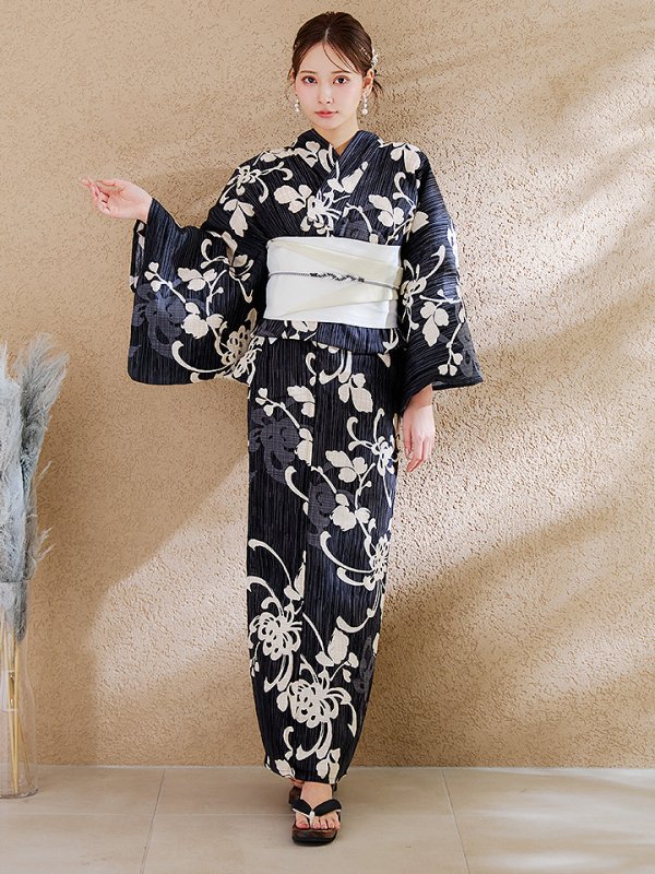 画像4: 【即日発送】黒地ストライプ彼岸花浴衣 【浴衣３点セット 浴衣/帯/下駄】 [OF04] (4)