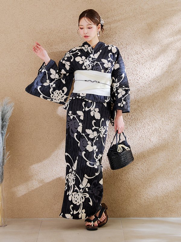 画像6: 【即日発送】黒地ストライプ彼岸花浴衣 【浴衣３点セット 浴衣/帯/下駄】 [OF04] (6)