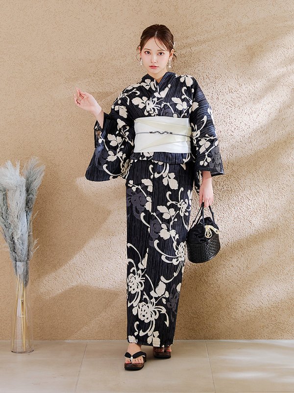 画像7: 【即日発送】黒地ストライプ彼岸花浴衣 【浴衣３点セット 浴衣/帯/下駄】 [OF04] (7)