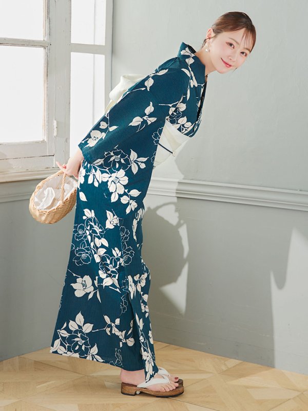 画像10: 【即日発送】藍色椿桜柄浴衣  【浴衣３点セット 浴衣/帯/下駄】[OF04] (10)