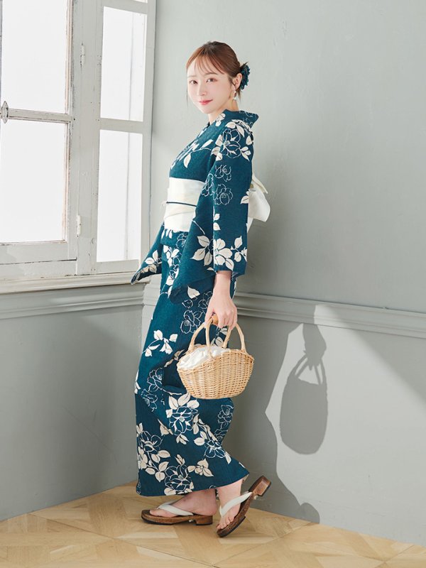 画像12: 【即日発送】藍色椿桜柄浴衣  【浴衣３点セット 浴衣/帯/下駄】[OF04] (12)