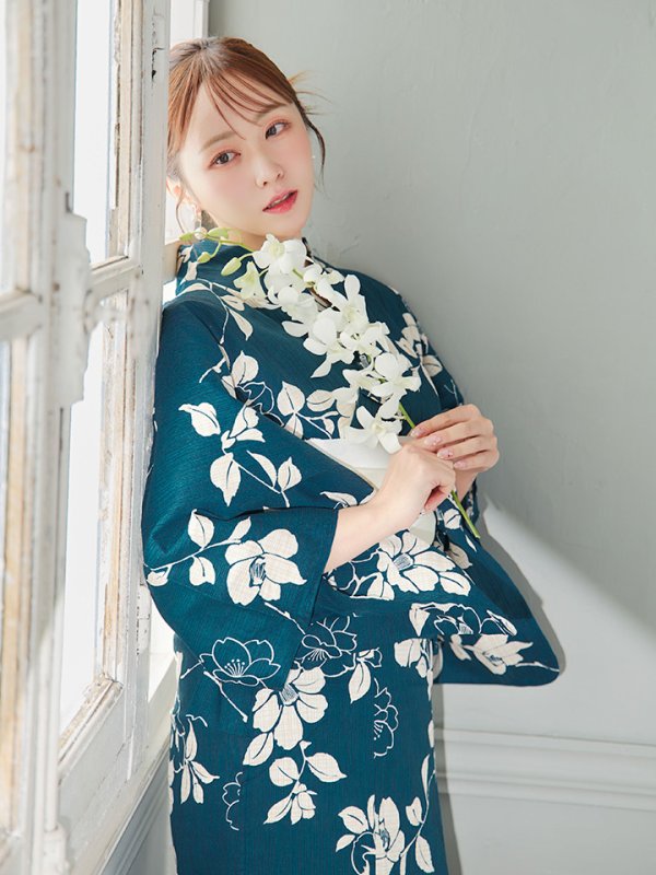 画像13: 【即日発送】藍色椿桜柄浴衣  【浴衣３点セット 浴衣/帯/下駄】[OF04] (13)