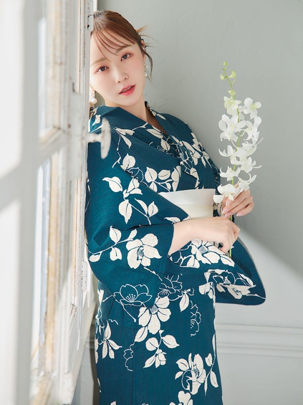 画像15: 【即日発送】藍色椿桜柄浴衣  【浴衣３点セット 浴衣/帯/下駄】[OF04] (15)