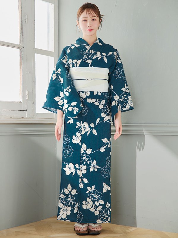 画像4: 【即日発送】藍色椿桜柄浴衣  【浴衣３点セット 浴衣/帯/下駄】[OF04] (4)