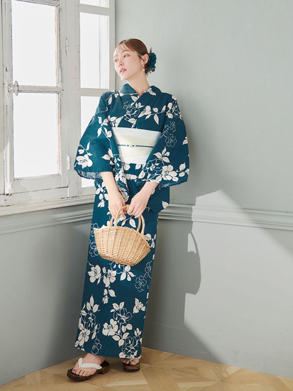 画像5: 【即日発送】藍色椿桜柄浴衣  【浴衣３点セット 浴衣/帯/下駄】[OF04] (5)