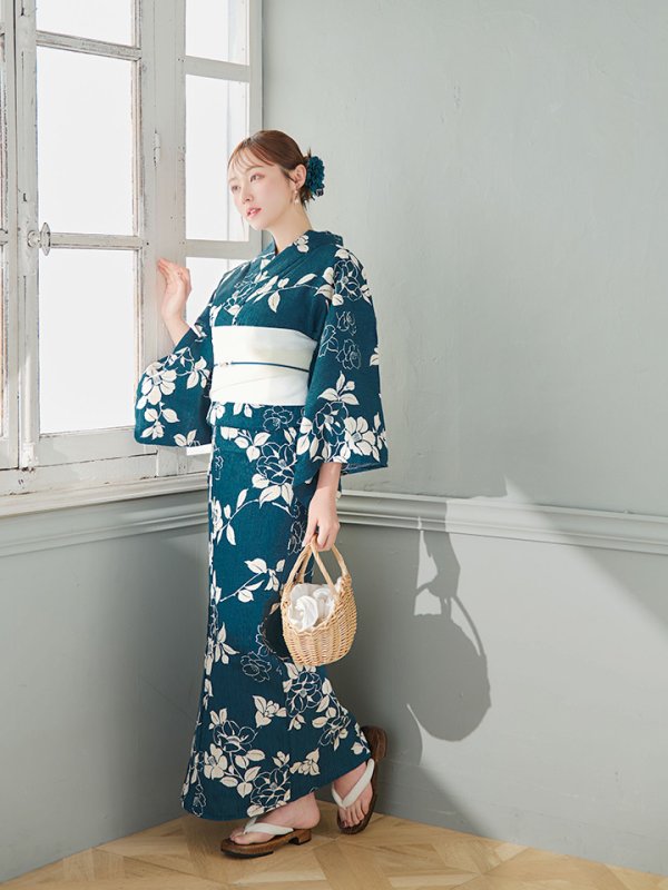 画像8: 【即日発送】藍色椿桜柄浴衣  【浴衣３点セット 浴衣/帯/下駄】[OF04] (8)