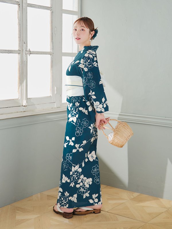 画像9: 【即日発送】藍色椿桜柄浴衣  【浴衣３点セット 浴衣/帯/下駄】[OF04] (9)