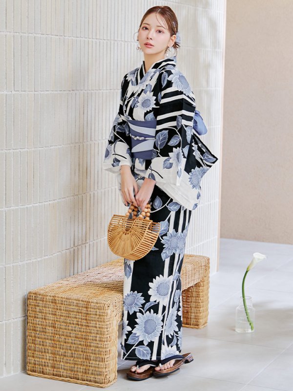 画像10: 【即日発送】濃淡碧向日葵ストライプ浴衣 【浴衣３点セット 浴衣/帯/下駄】[y/YMT] (10)