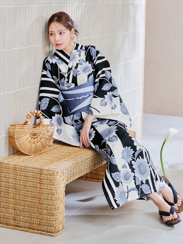 画像14: 【即日発送】濃淡碧向日葵ストライプ浴衣 【浴衣３点セット 浴衣/帯/下駄】[y/YMT] (14)