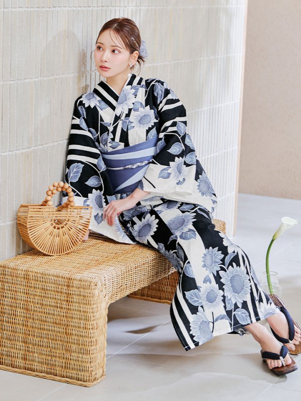 画像15: 【即日発送】濃淡碧向日葵ストライプ浴衣 【浴衣３点セット 浴衣/帯/下駄】[y/YMT] (15)