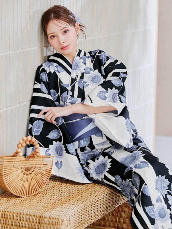 画像16: 【即日発送】濃淡碧向日葵ストライプ浴衣 【浴衣３点セット 浴衣/帯/下駄】[y/YMT] (16)