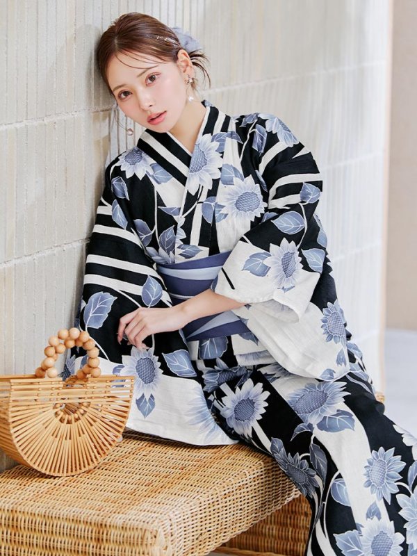 画像17: 【即日発送】濃淡碧向日葵ストライプ浴衣 【浴衣３点セット 浴衣/帯/下駄】[y/YMT] (17)