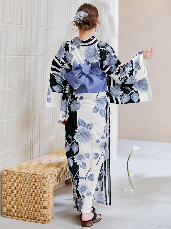 画像18: 【即日発送】濃淡碧向日葵ストライプ浴衣 【浴衣３点セット 浴衣/帯/下駄】[y/YMT] (18)