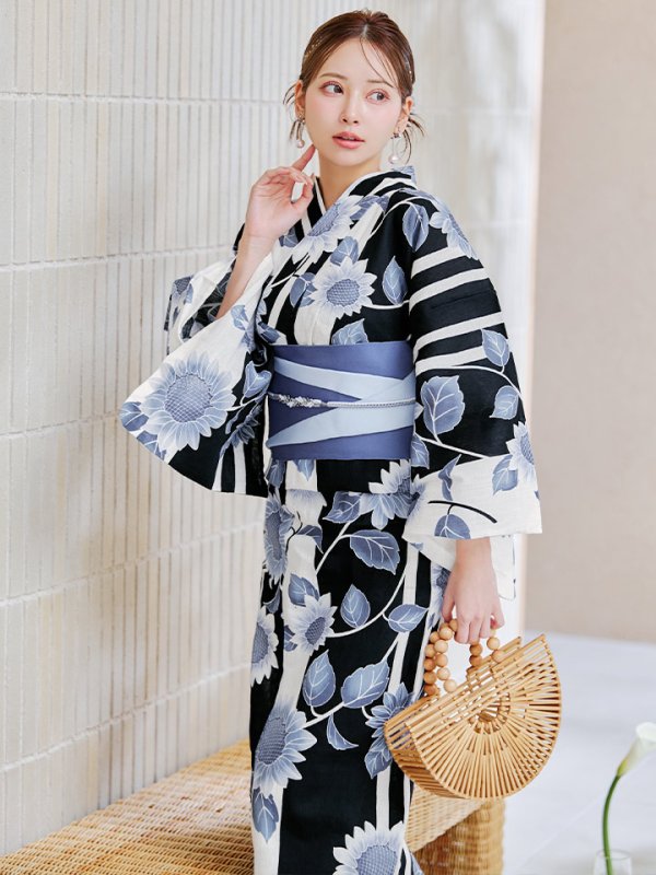 画像2: 【即日発送】濃淡碧向日葵ストライプ浴衣 【浴衣３点セット 浴衣/帯/下駄】[y/YMT] (2)
