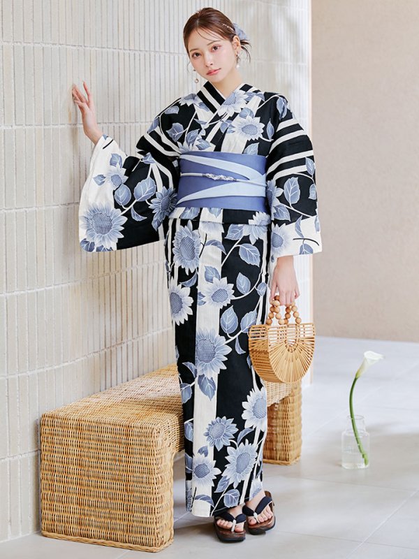 画像5: 【即日発送】濃淡碧向日葵ストライプ浴衣 【浴衣３点セット 浴衣/帯/下駄】[y/YMT] (5)
