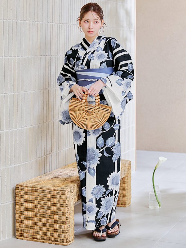画像6: 【即日発送】濃淡碧向日葵ストライプ浴衣 【浴衣３点セット 浴衣/帯/下駄】[y/YMT] (6)