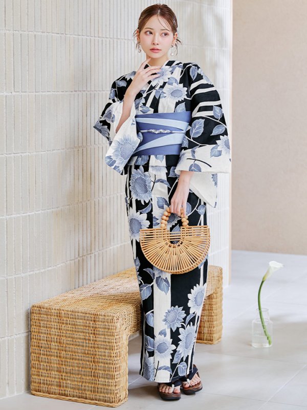 画像8: 【即日発送】濃淡碧向日葵ストライプ浴衣 【浴衣３点セット 浴衣/帯/下駄】[y/YMT] (8)