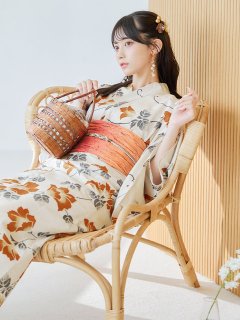 橙色に花咲く蔓模様浴衣